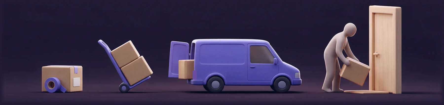Vier Stationen einer Lieferung: Paket, Sackkarre, Transporter, Übergabe an der Haustür